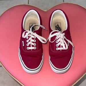 Vans Burgundy Canvas Shoes with White Accents Women Sz 9 Men’s 7.5.